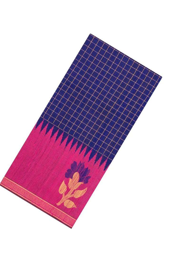 Violet Woven Tussar Silk Saree With Checks Contrast Border With Checks And Stripes Design For Women - Indya