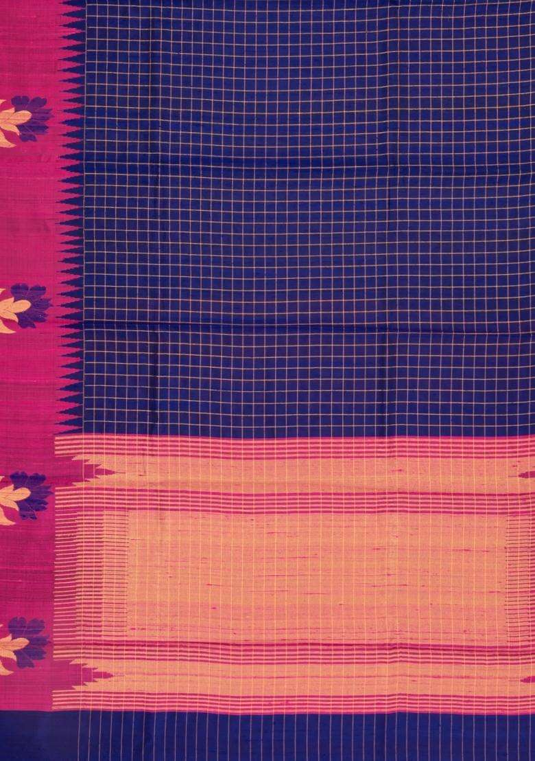 Violet Woven Tussar Silk Saree With Checks Contrast Border With Checks And Stripes Design For Women - Indya