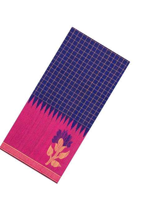 Violet Woven Tussar Silk Saree With Checks Contrast Border With Checks And Stripes Design For Women