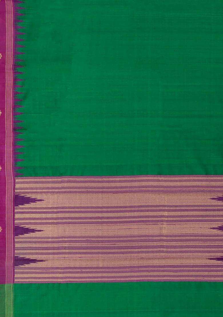 Green Woven Tussar Silk Saree With Contrast Temple Border With Korvai And Temple Border Design For Women - Indya