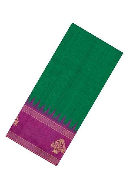Green Woven Tussar Silk Saree With Contrast Temple Border With Korvai And Temple Border Design For Women