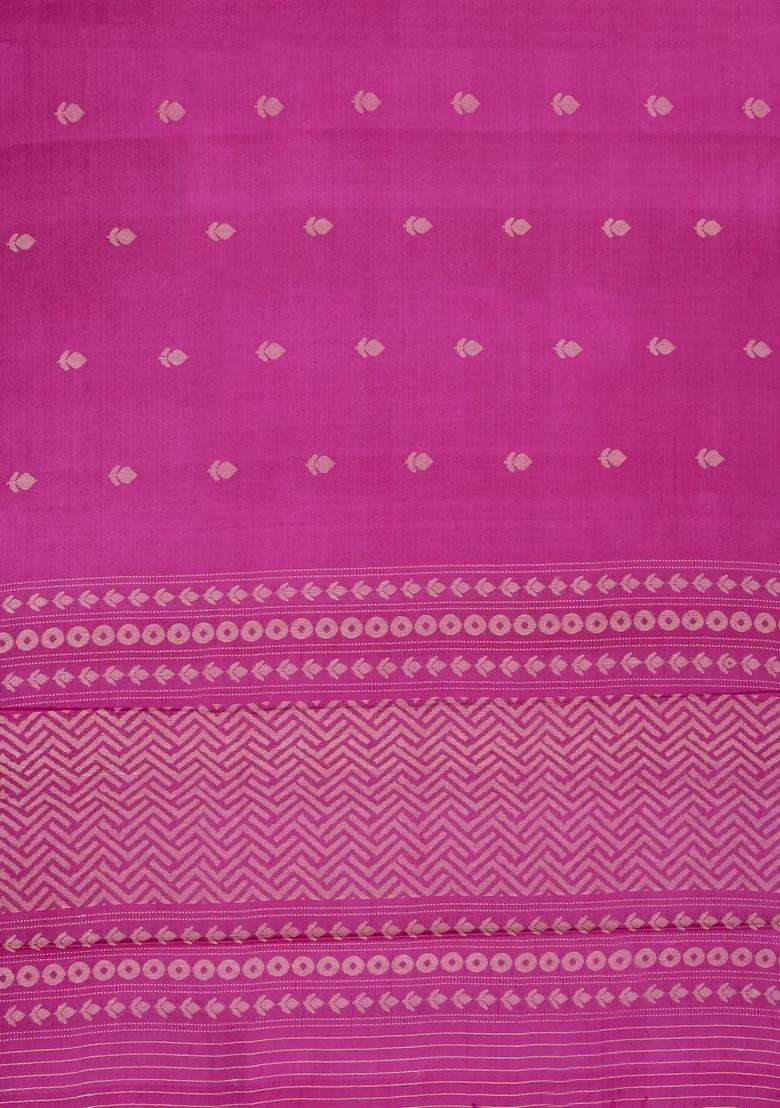 Hot Pink Woven Tussar Silk Saree With Floral Motifs With Buttas And Brocade Design For Women - Indya