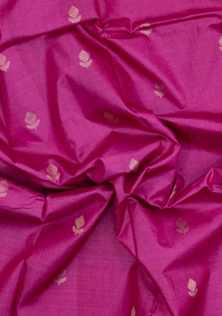 Hot Pink Woven Tussar Silk Saree With Floral Motifs With Buttas And Brocade Design For Women - Indya