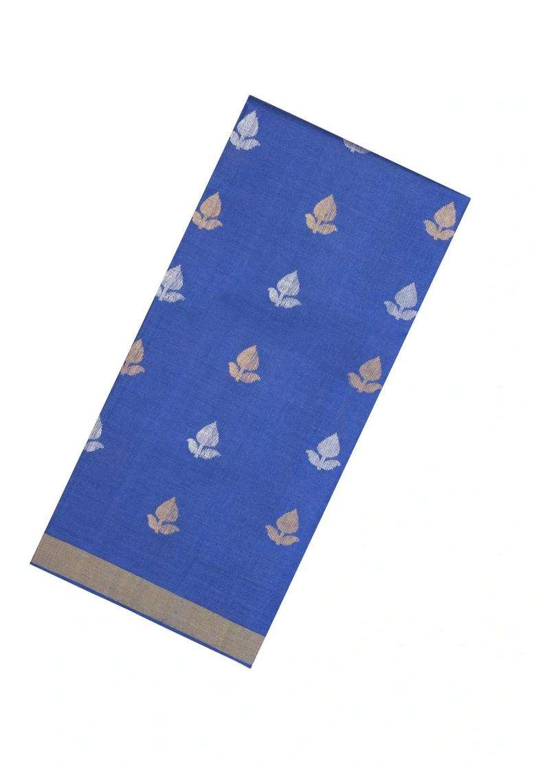Blue Woven Tussar Silk Saree With Floral Motifs With Buttas And Brocade Design For Women - Indya