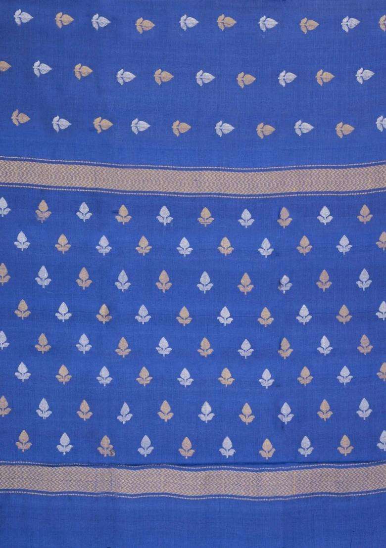 Blue Woven Tussar Silk Saree With Floral Motifs With Buttas And Brocade Design For Women - Indya