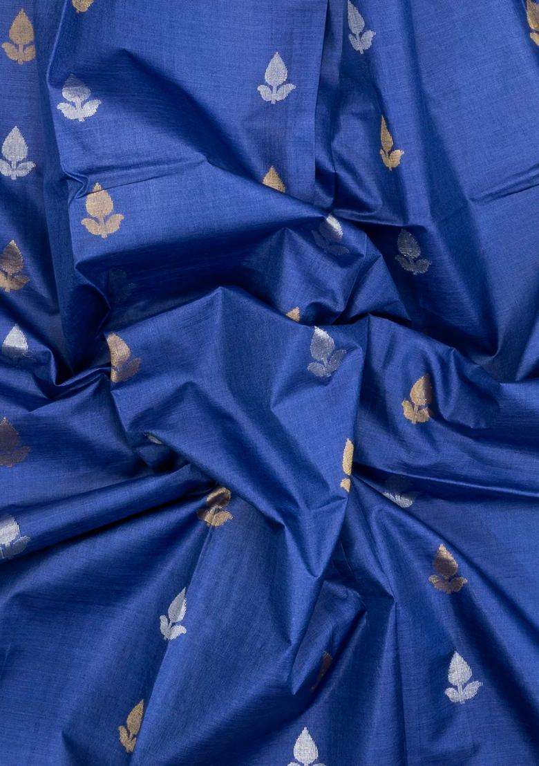 Blue Woven Tussar Silk Saree With Floral Motifs With Buttas And Brocade Design For Women - Indya