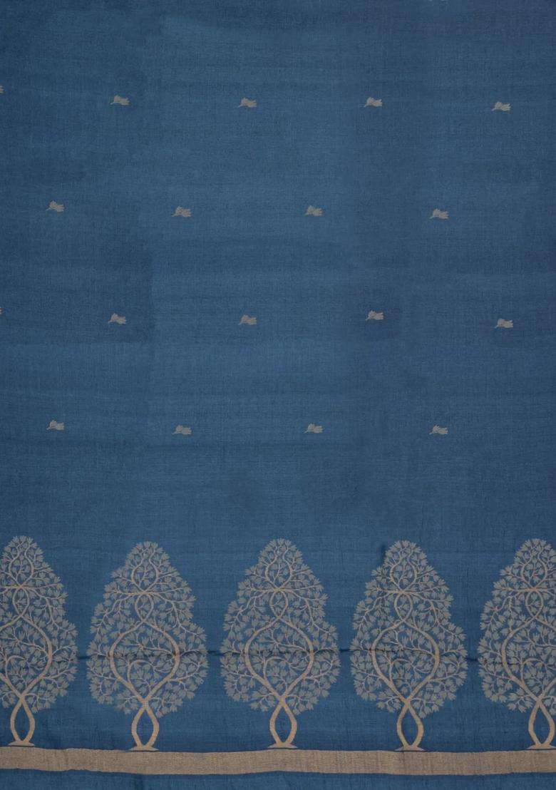 Steel Blue Woven Tussar Silk Saree With Floral Motifs With Buttas And Brocade Design For Women - Indya