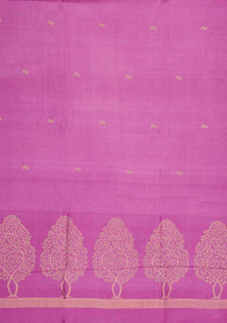 Bubblegum Pink Woven Tussar Silk Saree With Floral Motifs With Buttas And Brocade Design For Women - Indya