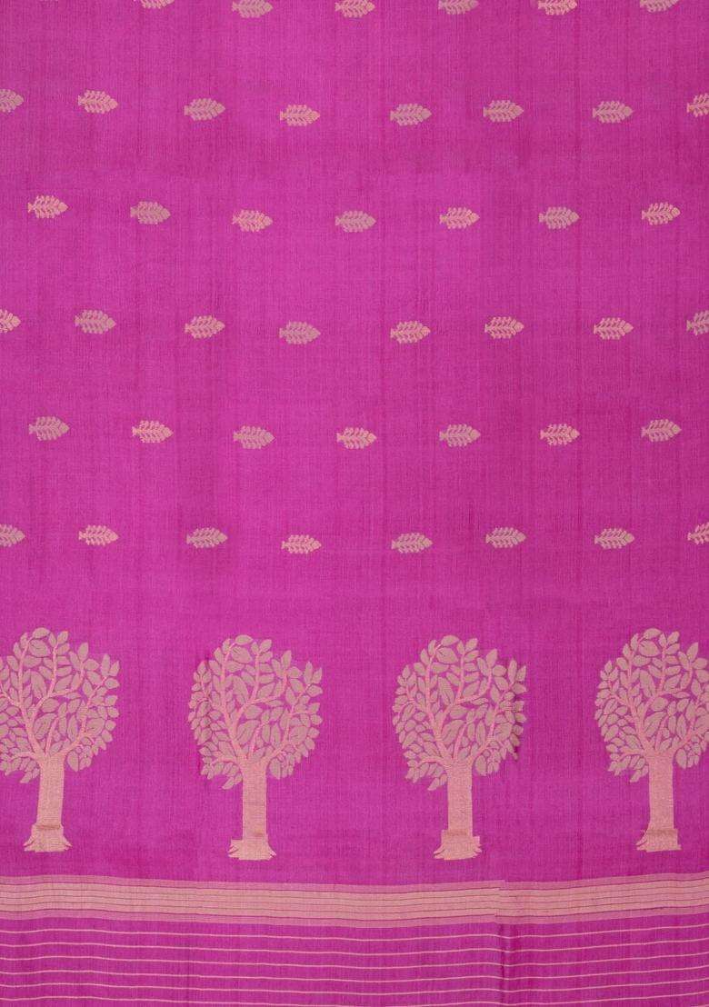 Hot Pink Woven Tussar Silk Saree With Floral Motifs With Buttas And Brocade Design For Women - Indya