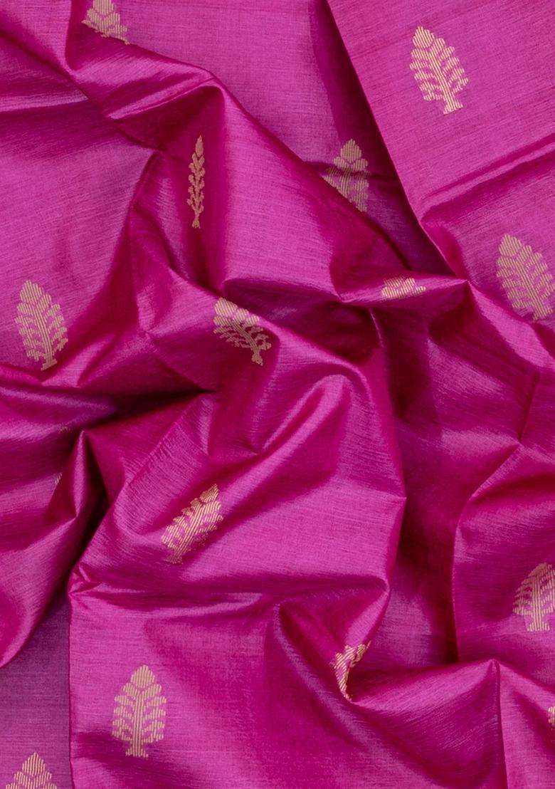 Hot Pink Woven Tussar Silk Saree With Floral Motifs With Buttas And Brocade Design For Women - Indya