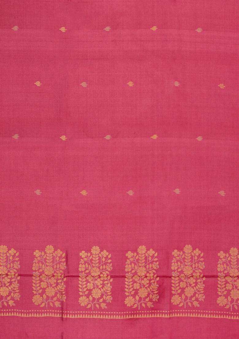 Peach Woven Tussar Silk Saree With Floral Motifs With Buttas And Brocade Design For Women - Indya