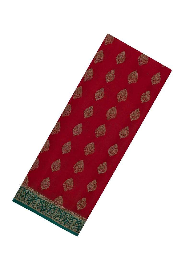 Red Woven Mysore Silk Crepe Saree With Buttas Contrast Border With Buttas And Brocade Design For Women - Indya