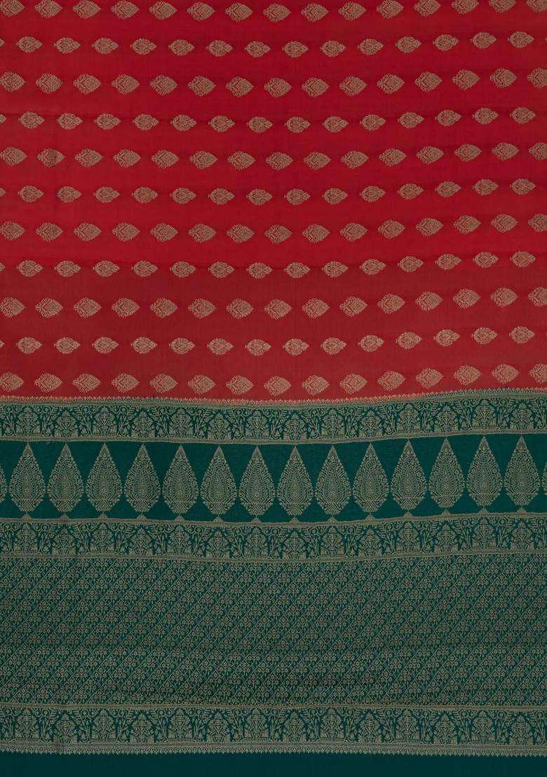 Red Woven Mysore Silk Crepe Saree With Buttas Contrast Border With Buttas And Brocade Design For Women - Indya
