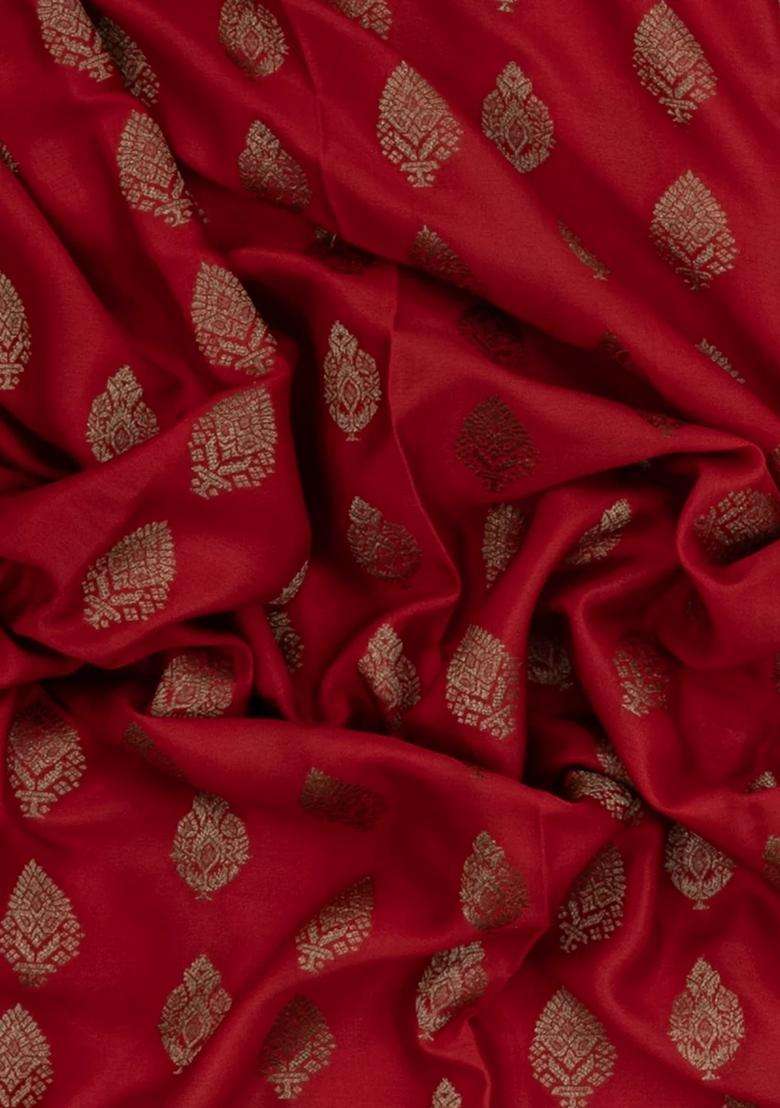 Red Woven Mysore Silk Crepe Saree With Buttas Contrast Border With Buttas And Brocade Design For Women - Indya