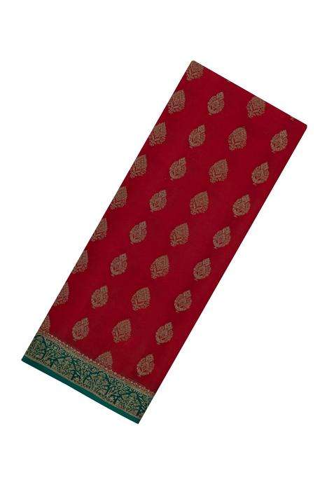 Red Woven Mysore Silk Crepe Saree With Buttas Contrast Border With Buttas And Brocade Design For Women
