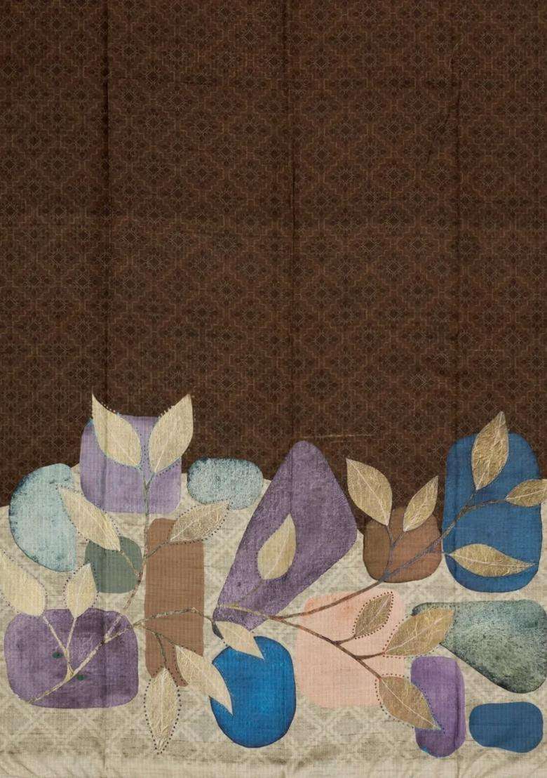 Brown Printed Synthetic Tussar Saree With Contrast Border For Women - Indya