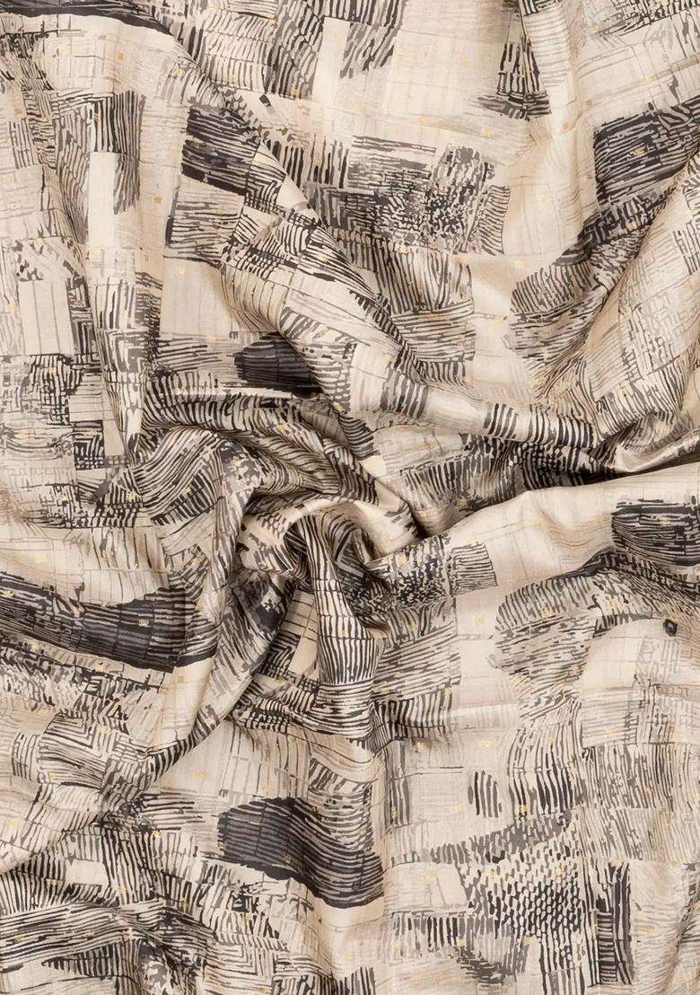 Taupe Printed Synthetic Tussar Saree With Zari Buttas For Women - Indya