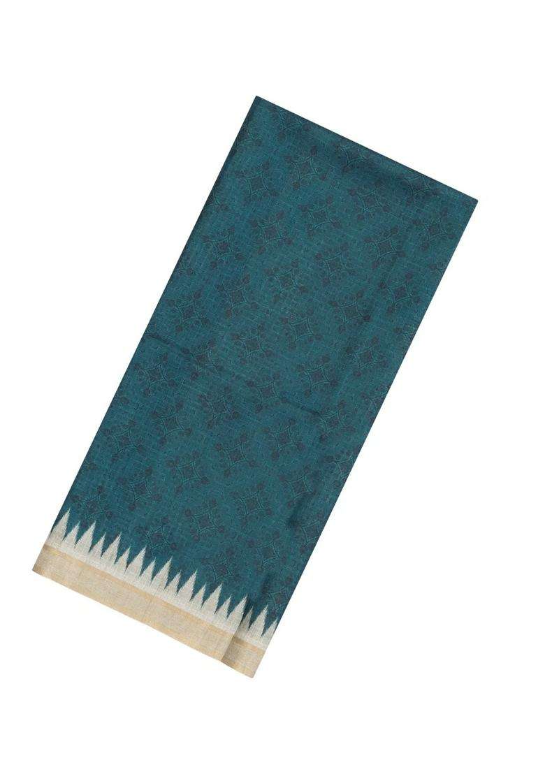 Blue Printed Synthetic Tussar Saree With Contrast Border For Women - Indya