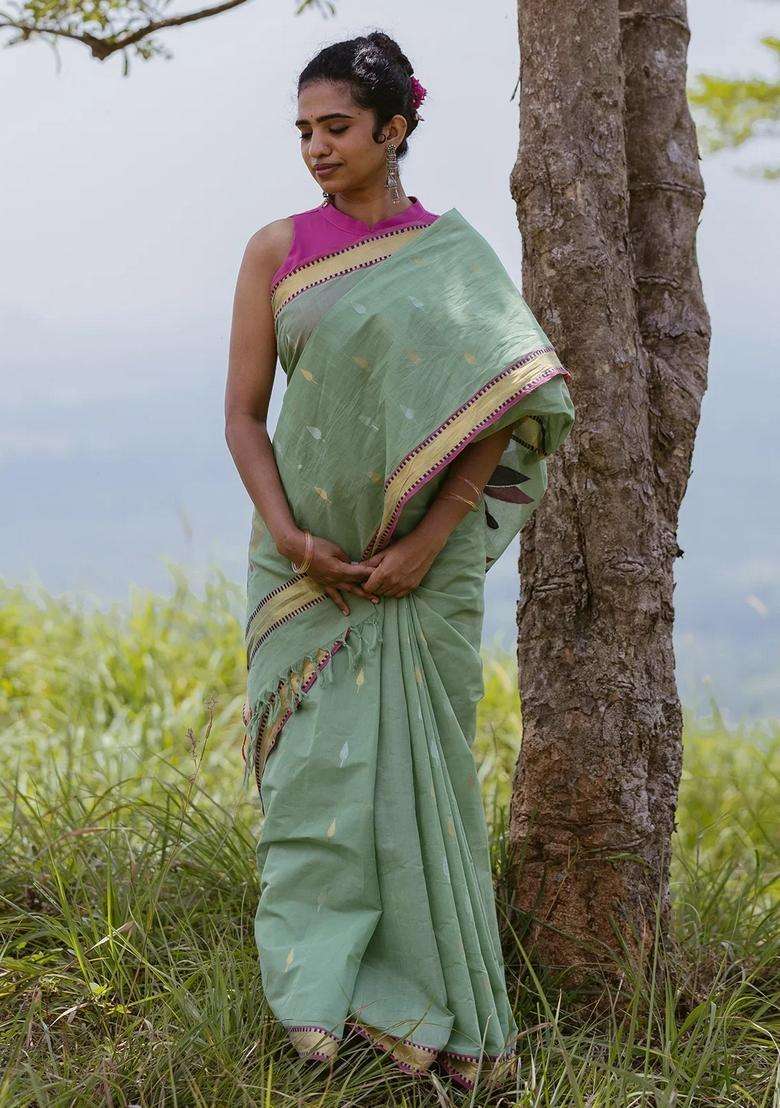 Pista Green Handloom Venkatagiri Cotton Saree With Meena Pallu With Buttas And Brocade Design For Women - Indya