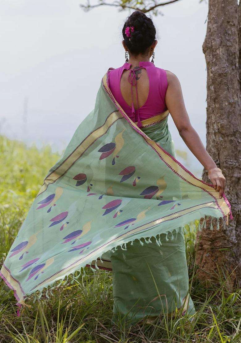 Pista Green Handloom Venkatagiri Cotton Saree With Meena Pallu With Buttas And Brocade Design For Women - Indya