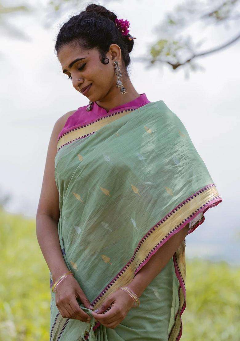Pista Green Handloom Venkatagiri Cotton Saree With Meena Pallu With Buttas And Brocade Design For Women - Indya