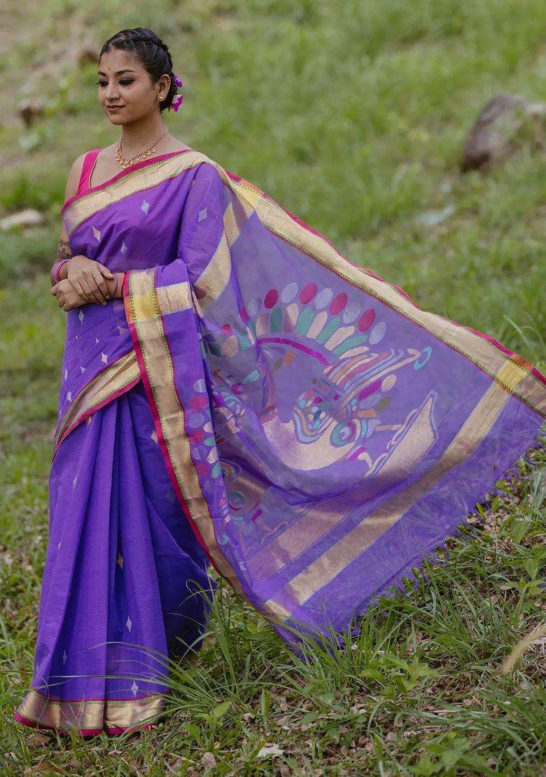 Lavander Lavender Handloom Venkatagiri Cotton Saree With Zari Pallu With Buttas And Brocade Design For Women - Indya