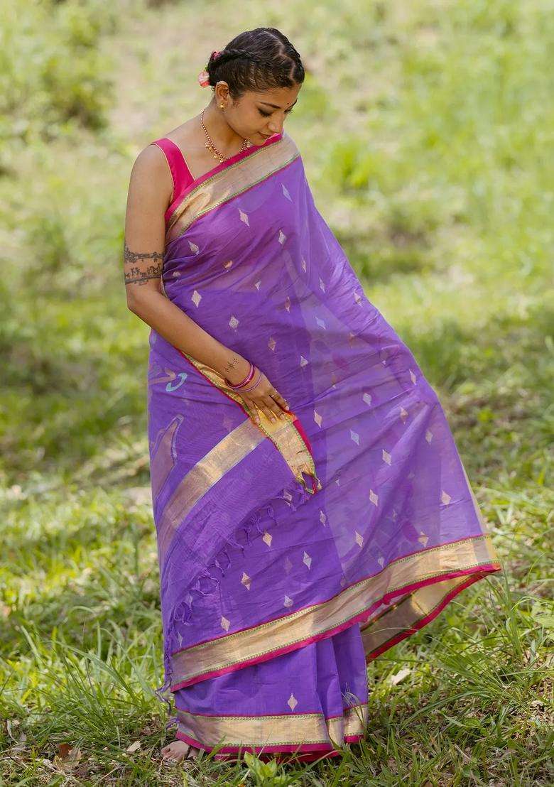Lavander Lavender Handloom Venkatagiri Cotton Saree With Zari Pallu With Buttas And Brocade Design For Women - Indya