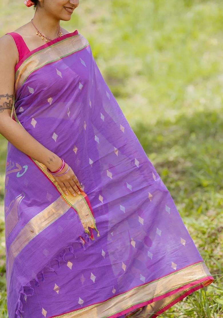 Lavander Lavender Handloom Venkatagiri Cotton Saree With Zari Pallu With Buttas And Brocade Design For Women - Indya