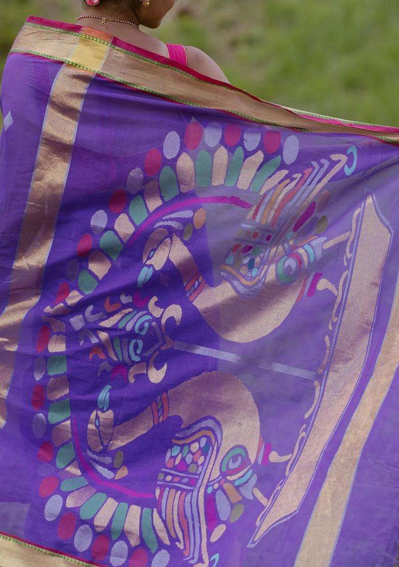 Lavander Lavender Handloom Venkatagiri Cotton Saree With Zari Pallu With Buttas And Brocade Design For Women - Indya