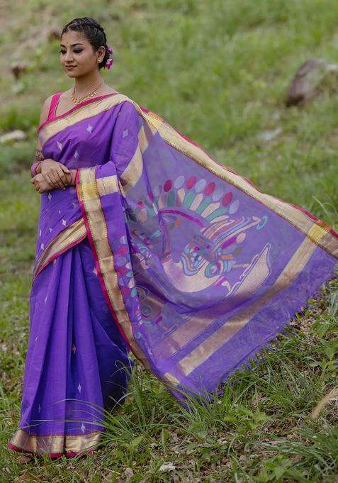 Lavander Lavender Handloom Venkatagiri Cotton Saree With Zari Pallu With Buttas And Brocade Design For Women