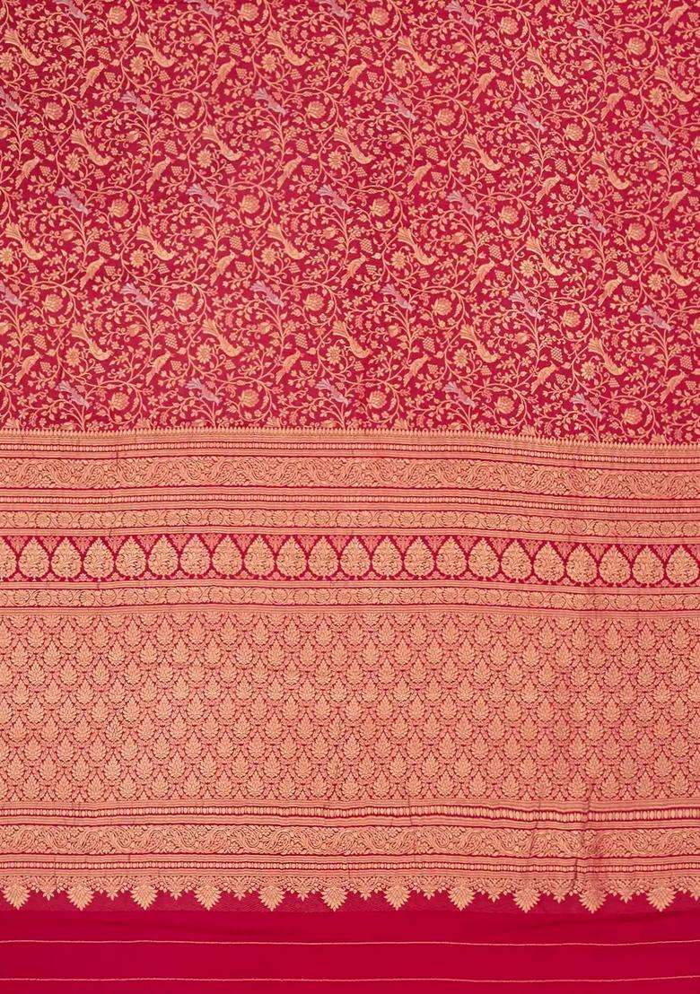 Crimson Woven Mysore Silk Crepe Saree With Bird Vine Motifs With Buttas And Brocade Design For Women - Indya