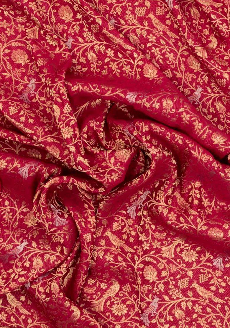 Crimson Woven Mysore Silk Crepe Saree With Bird Vine Motifs With Buttas And Brocade Design For Women - Indya