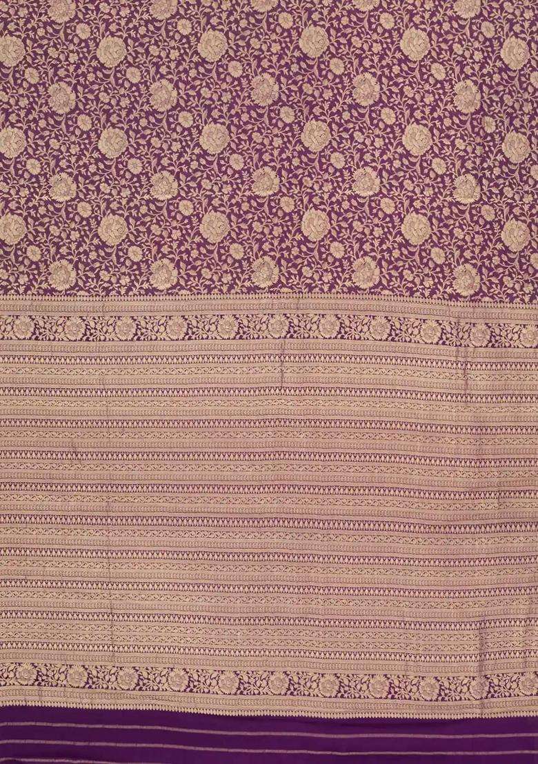 Purple Woven Mysore Silk Crepe Saree With Floral Vine Motifs With Buttas And Brocade Design For Women - Indya