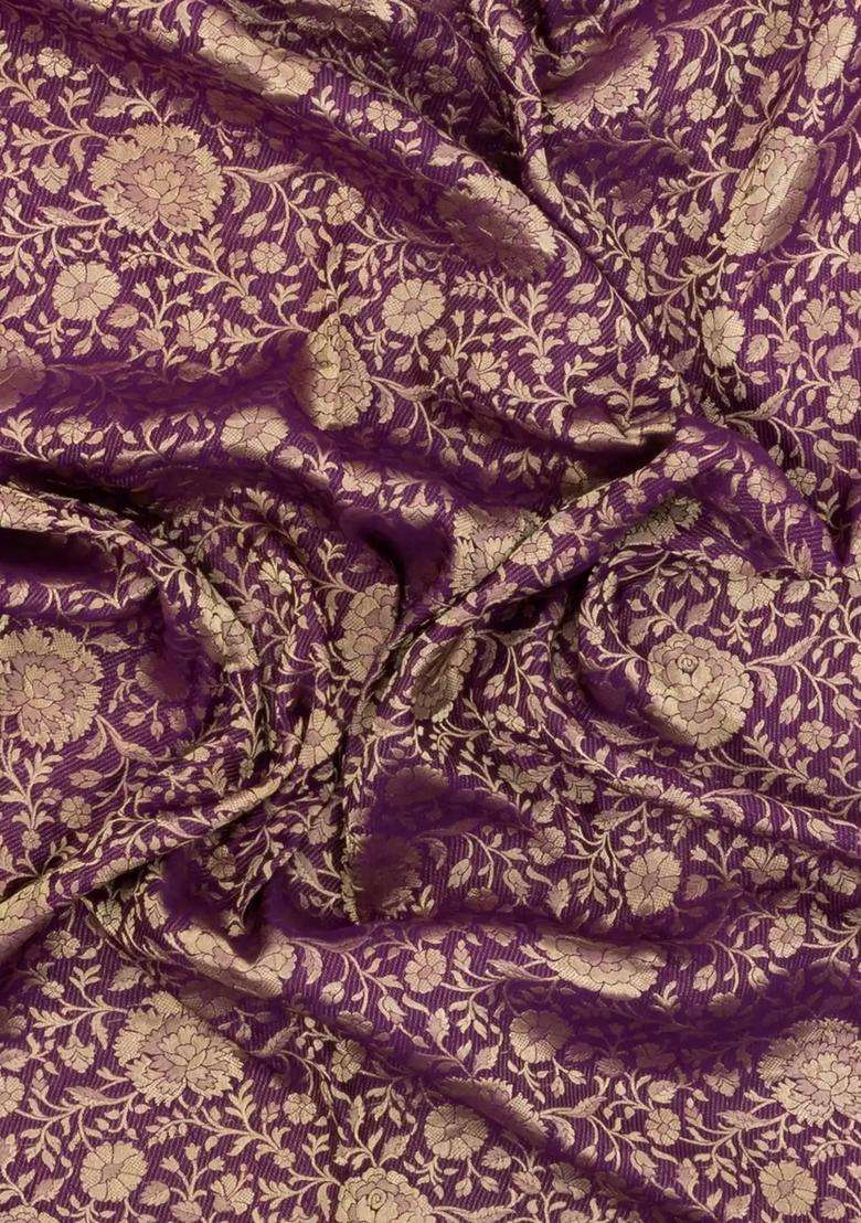 Purple Woven Mysore Silk Crepe Saree With Floral Vine Motifs With Buttas And Brocade Design For Women - Indya