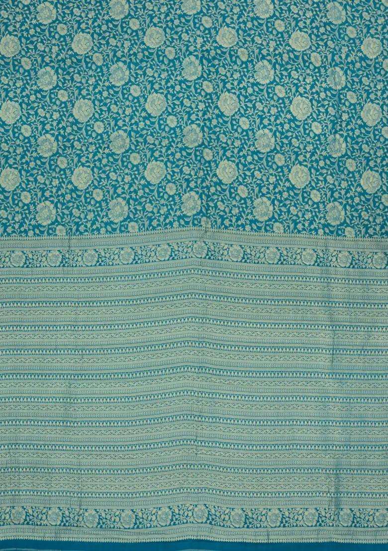 Cyan Woven Mysore Silk Crepe Saree With Floral Vine Motifs With Buttas And Brocade Design For Women - Indya