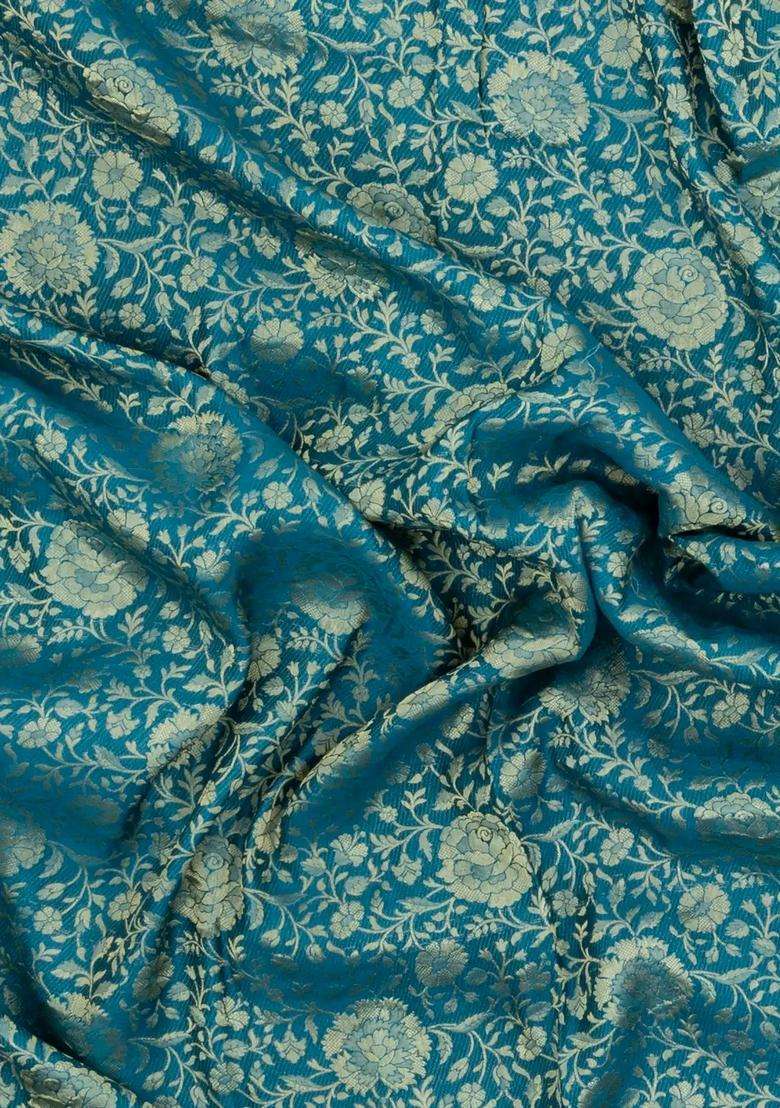 Cyan Woven Mysore Silk Crepe Saree With Floral Vine Motifs With Buttas And Brocade Design For Women - Indya