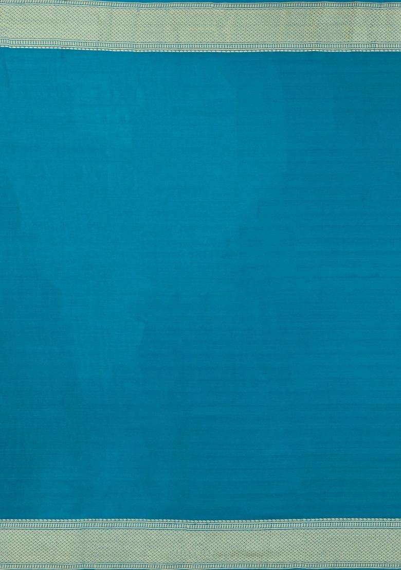 Cyan Woven Mysore Silk Crepe Saree With Floral Vine Motifs With Buttas And Brocade Design For Women - Indya