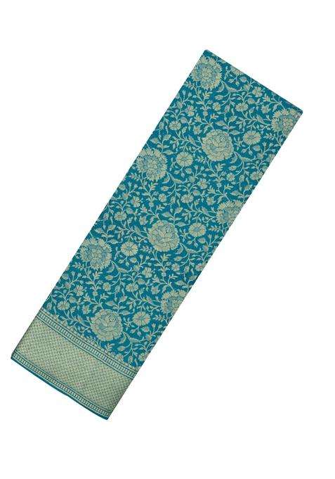 Cyan Woven Mysore Silk Crepe Saree With Floral Vine Motifs With Buttas And Brocade Design For Women