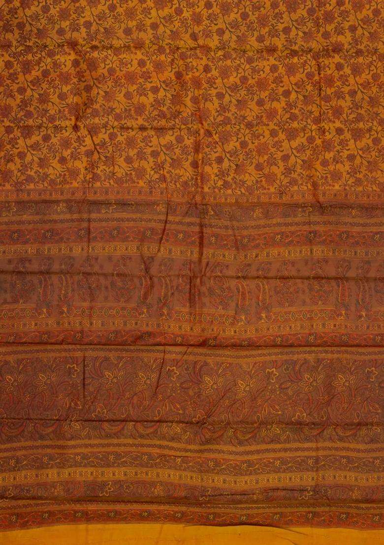 Oil Mustard Printed Silk Saree With Floral Motifs Zari Border For Women - Indya