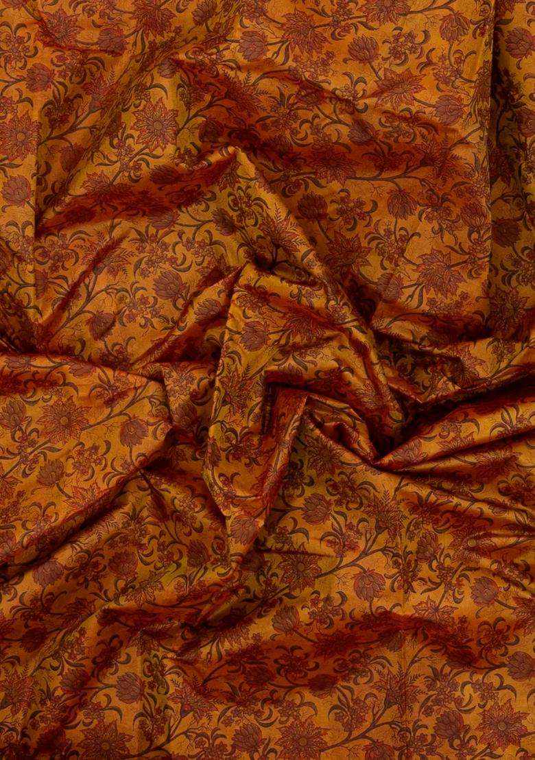 Oil Mustard Printed Silk Saree With Floral Motifs Zari Border For Women - Indya