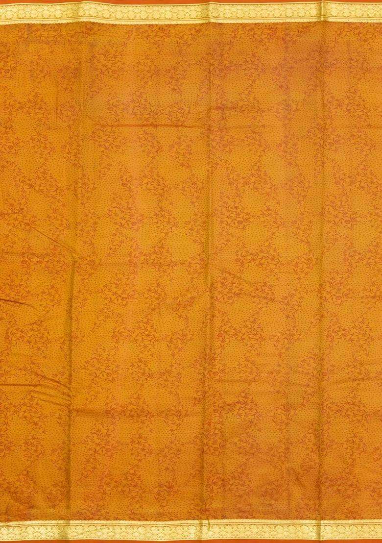 Oil Mustard Printed Silk Saree With Floral Motifs Zari Border For Women - Indya