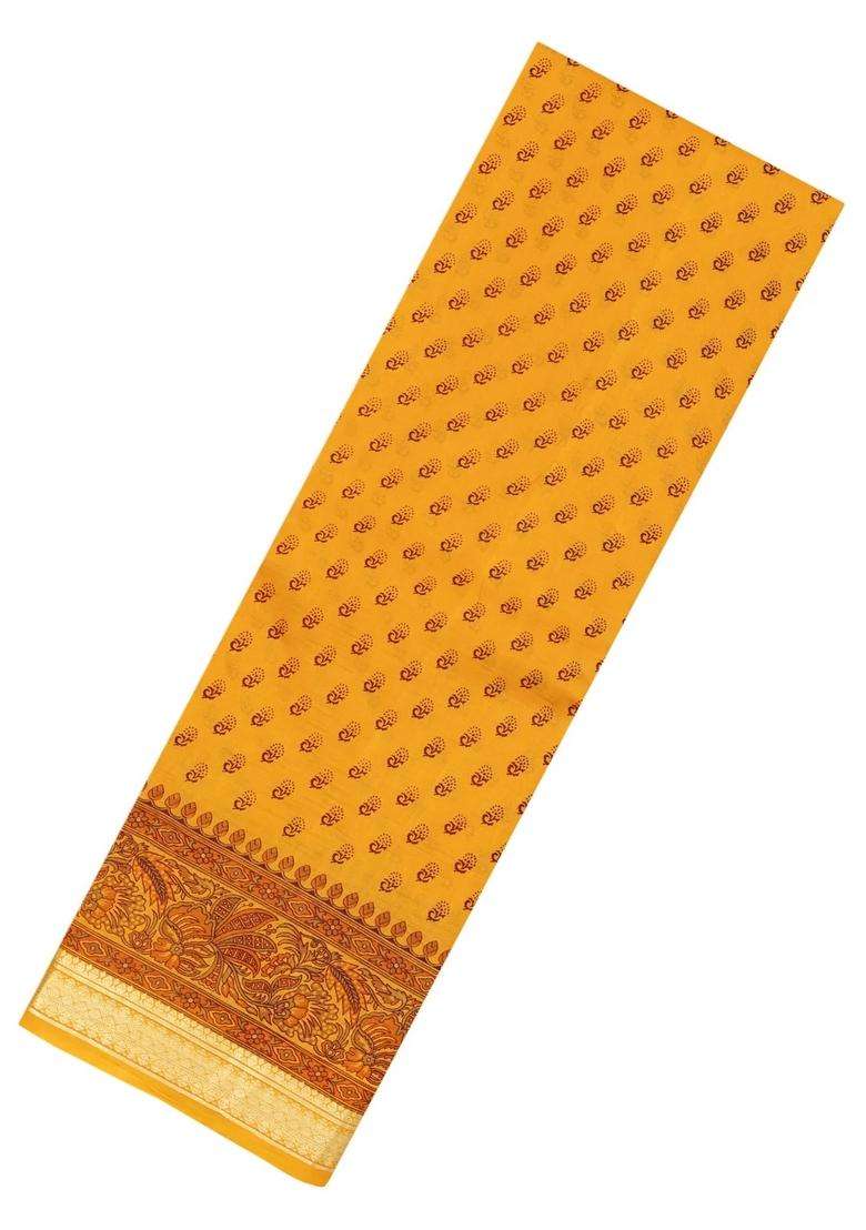 Yellow Printed Silk Saree With Floral Motifs Zari Border For Women - Indya
