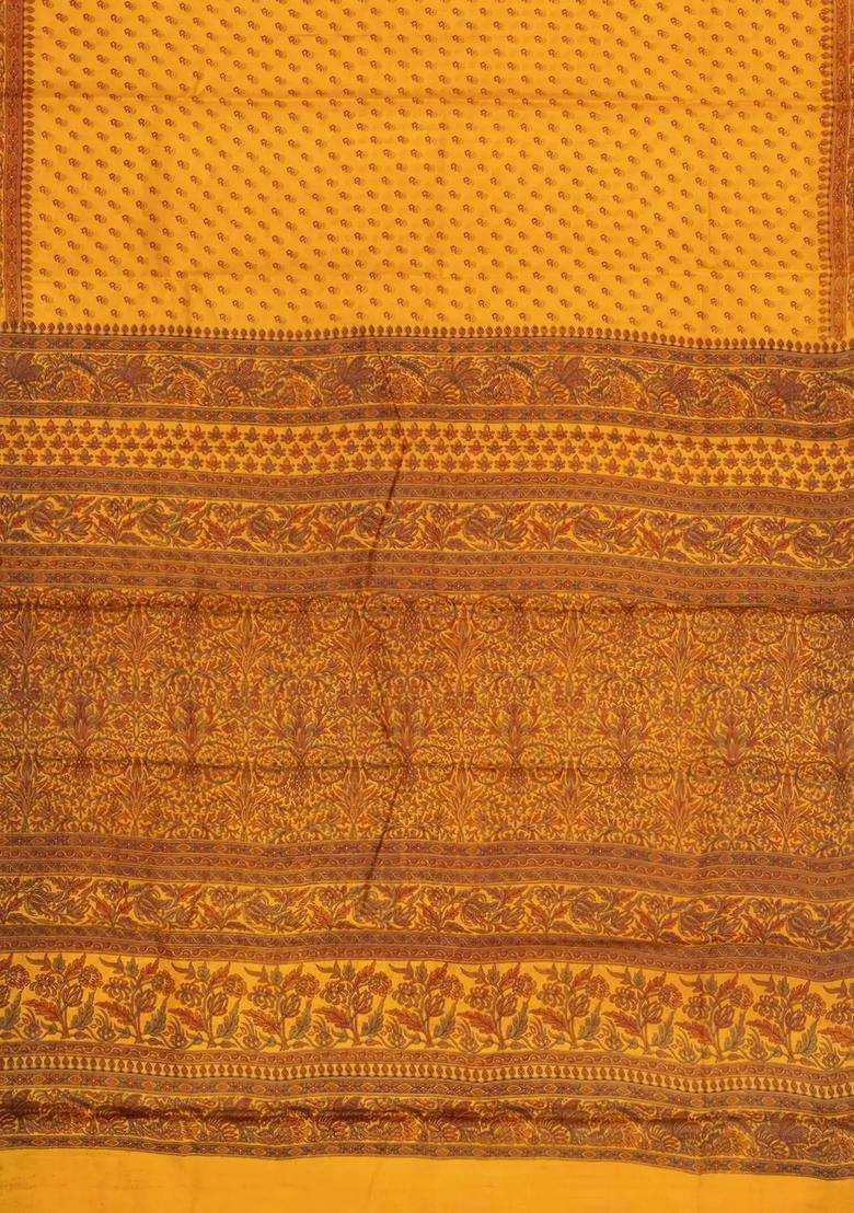 Yellow Printed Silk Saree With Floral Motifs Zari Border For Women - Indya