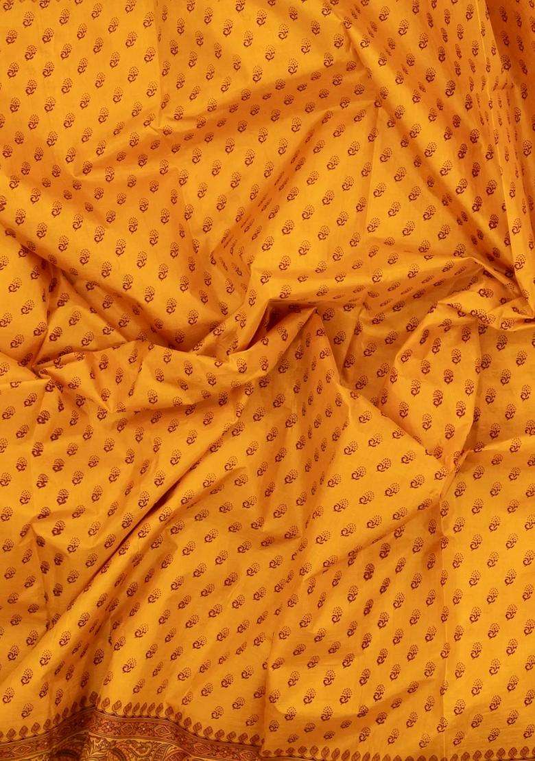Yellow Printed Silk Saree With Floral Motifs Zari Border For Women - Indya