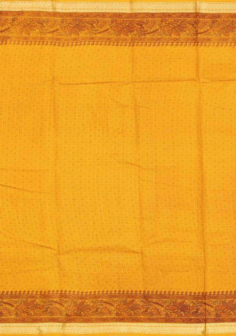 Yellow Printed Silk Saree With Floral Motifs Zari Border For Women - Indya