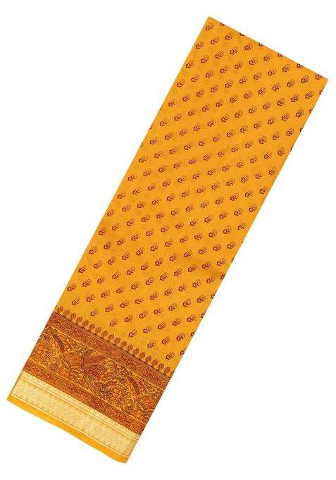 Yellow Printed Silk Saree With Floral Motifs Zari Border For Women