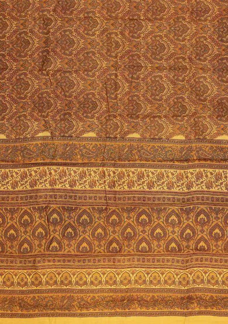 Yellow Printed Silk Saree With Floral Motifs For Women - Indya