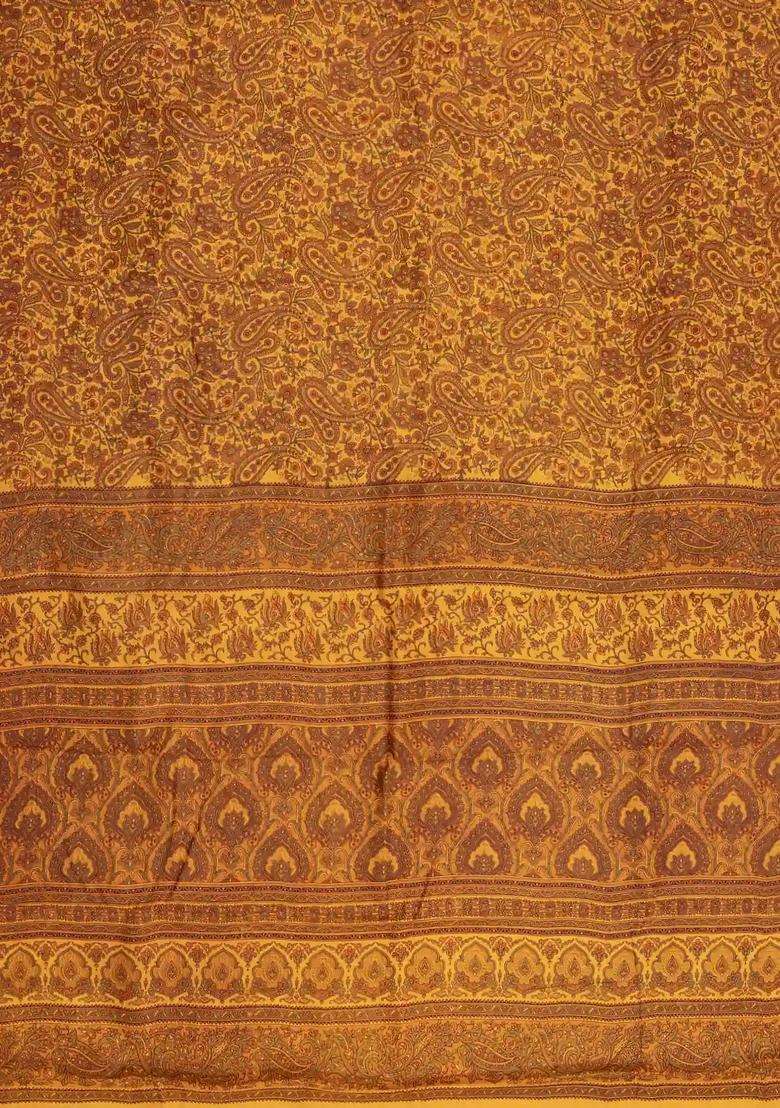 Yellow Printed Silk Saree With Floral Motifs For Women - Indya