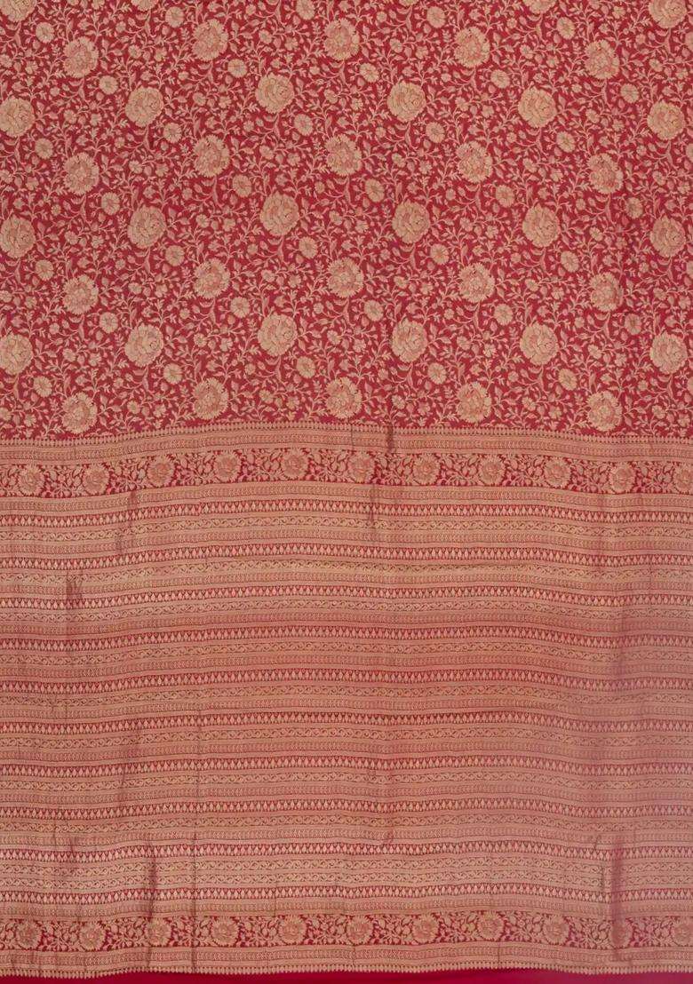 Crimson Woven Mysore Silk Crepe Saree With Floral Vine Motifs With Buttas And Brocade Design For Women - Indya