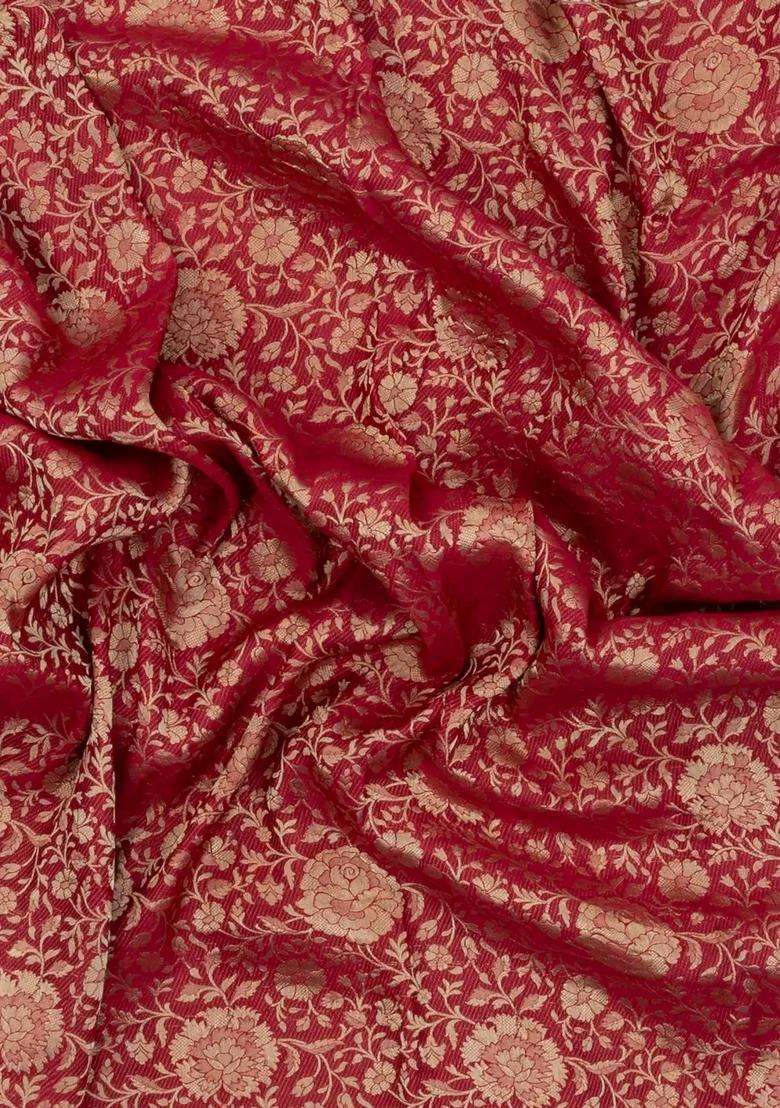 Crimson Woven Mysore Silk Crepe Saree With Floral Vine Motifs With Buttas And Brocade Design For Women - Indya